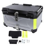 65L Motorcycle Top Case with Security Lock Water Resistant Aluminum Alloy Reflective Sticker Trunk Top Box for Helmet Luggage Silver