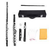 LADE C Key 16 Hole Brass Flute Beginner Kit Storage Case Cleaning Cloth Gloves (black)