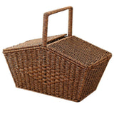 (Brown) Pastoral Style Hand Basket with Lid Imitation Rattan Woven Picnic Basket Fruit Snacks Sundries Stora
