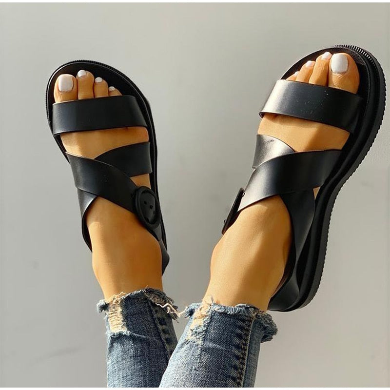 Flat Sandals Women Shoes Gladiator Open Toe Buckle Soft Jelly Sandals