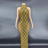 Sexy Shiny Water Diamond Silver Large Women's Evening Hanging Neck Fish Tail Long Dress Sleeveless