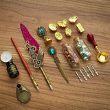 Fountain Pen Set, Retro Sprinkg Feather Pens Calligraphy Writing Dip Kit with Wax Seal Stamp & Replace Nibs, Gift Box