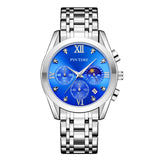 PINTIME Man Watch Waterproof 3Bar Casual Quartz Wristwatch Stainless Steel Strap Moon Phase Dial Work Chrono Function Clock Gift