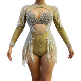 Fashionable hollow out female singer stage performance outfit with ultra short jumpsuit personality