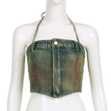 Washed Tie-dyed Zipper Button Tight Irregular Outer Wear Denim Small Sling