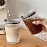 1Set Simple Striped Coffee Glass With Lid Transparent Bubble Milk Tea Cup Juice Glass Milk Morning Cup 450Ml