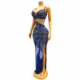 Sexy suspender with sparkling diamond print, fashionable slit, slim fit, stage host dress