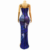 Sexy suspender with sparkling diamond print, fashionable slit, slim fit, stage host dress