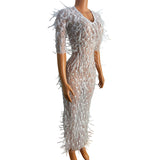 Female singer host, water diamond feather design, buttocks wrapped long skirt, slim fit temperament, sexy dress