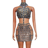 Sexy Spicy Girl Women's Fashion Chain Hollow out Design with Super Big Water Diamond Style Short Skirt