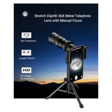 External Telephoto Phone Camera Lens 36X Optical Magnification With Tripod And Phone Clip