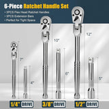 Flex 1/4" 3/8" 1/2" Drive Swivel Head Ratchet with Extension 72 Teeth 180° Adjustable 6-Piece Set