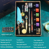 Antique Feather Retro Wooden Dip Pen Set Classic Wax Seal Stamp Kit for Calligraphy Art Words Gifts