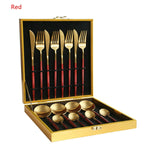 16Pcs Black Gold Dinnerware Set Stainless Steel Dinner Knife Fork White Gold Cutlery Set With Giftbox Drop Kitchen Cutlery