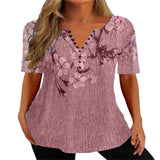 Summer Loose V-neck Short Sleeve Pleated Button Shirt For Women