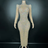 Water Diamond Super Sparkling Temperament Standing Shoulder Luxury Celebrity Wrapped Hip Sexy Banquet Party Evening Dress