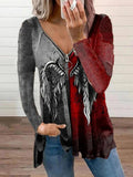Women's Casual Fashion V-neck Pull Printed Long-sleeved Top T-shirt