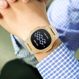 PINTIME Men Watch Digite Wristwatch LED Display Dial Waterproof Stainless Steel Strap Luxury Diamond Montre Homme Relogio  Gold