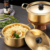 1pc Cooking Pot With Lid, Korean Noodle Cooker, Soup Cooker, Stainless Steel Thickened Ramen Cooker, Golden Small Hot Pot