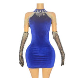 Elegant socialite luxurious formal dress with neck hanging French tassel gloves, sexy and tight fitting short skirt covering buttocks