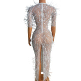 Female singer host, water diamond feather design, buttocks wrapped long skirt, slim fit temperament, sexy dress