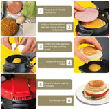 Portable Burger & Omelette Toaster - Breakfast Sandwich & Hamburger Maker with Egg Cooker Ring, Non-Stick for Pancakes