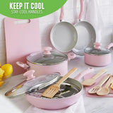 Sandstone Healthy Ceramic Nonstick, 15 Piece Kitchen Cookware Pots And Frying Sauce Pans Set, PFAS- Free, Dishwasher Safe, Pink