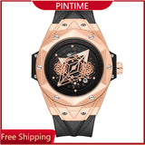 PINTIME Men Skeleton Watch Top Brand Luxury Fashion Quartz Watches For Men Silicone Strap Luminous Wristwatch With Date