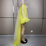 New Personalized Style Transparent Colorful Mesh Flare Sleeves Skirt hem Water Diamond Sexy Tight Gift Dress
