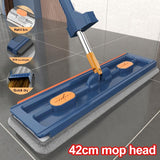 or Cleaning Handsfree Self-Wringing Flat Mop With Squeegee 360° Swivel 42cm Large Head Wet&Dry Use For Wood Tile Marble