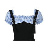 Plaid stitching one-word shoulder straps shoulder straps waist slimming top women short ins casual