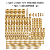 3D Printing Hot Melt Heat Knurled Embed Injection Copper Nut 345pcs w/7pcs Heat-Set Insert Tip for M2 M2.5 M3 M4 M5 M6 M8