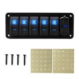 Waterproof Car Rocker Panel 6 Gang Toggle Switch 12 Volt Blue LED Lights USB Cigarette Lighter Socket Voltmeter