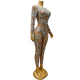Flesh colored sexy perspective jumpsuit, nightclub bar, bouncing DJ suit, small sparkling diamond patchwork pattern design sense