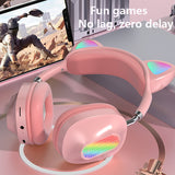 Wireless Headphones Cat Ear with Mic Bluetooth 5.0 Glow Light Headset Stereo Bass for Children Girl PC Phone Gaming Headsets