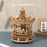 1pc 3D Wooden Puzzles Construction Model Kit To Build DIY Music Box Building Kits Rotating Merry-Go-Round, Xmas Gift