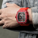 PINTIME Sport Men's Quartz Watches Chronograph Stopwatch Auto Date Red Rubber Strap Striped Case Male Luxury Brand Wristwatch