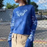 Polyester Blooming Butterfly Print Loose Casual Waffle T-shirt Basic Top