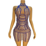 Female singer stage name ethnic style dress distinctive sapphire blue sparkling diamond pattern, tight fitting and sexy short skirt with buttocks