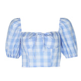 Plaid stitching one-word shoulder straps shoulder straps waist slimming top women short ins casual