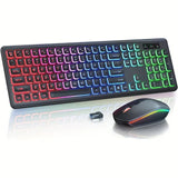 Wireless Keyboard and Mouse Combo RGB Backlit, Rechargeable Light Up Letters, Full-Size, Ergonomic, Sleep Mode, 2.4GHz