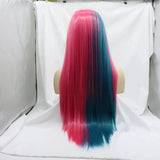 13*2.5 Synthetic Hair 32 Inch Long Half Blue Half Red Straight Lace Front Wig for Women Halloween Thanksgiving Day Christmas