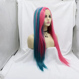 13*2.5 Synthetic Hair 32 Inch Long Half Blue Half Red Straight Lace Front Wig for Women Halloween Thanksgiving Day Christmas