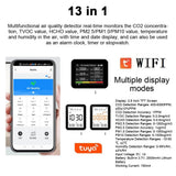 13 in 1 Tuya WIFI Air Quality Monitor CO2 Detector CO2/TVOC/HCHO/PM2.5/PM1.0/PM10/Temperature/Humidity/Time/Date/Alarm/Timer