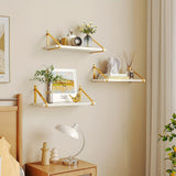 A Set Of White Floating Shelves, Wall-mounted Bathroom Shelves Set Of 3, Used For Farmhouse Wall Decoration In Bedrooms, Kitchens, Living Rooms, And Plants (with Gold Brackets)