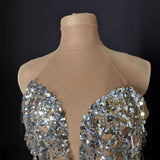 Hanging Neck Mesh Elastic Super Shiny Diamond Short Skirt Performance Latin Dance Competition Practice Party Dress