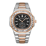 PINTIME Men's Watches Stainless Steel Strap Fashion Quartz Wristwatch Waterproof 30M Shiny Zircon Case Business Male Clock Reloj