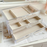 Clear Acrylic Jewellery Storage Box Women 3 Drawers Velvet Organiser Earring Bracelet Necklace Rings Jewellery Case Holder