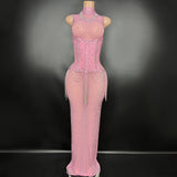Pink fashionable waistband design with tassels, super sparkling and slimming temperament, female singer stage performance costume