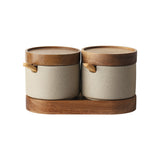 Kitchen Seasoning Pot Ceramic Three Piece Suit Simple Salt Pot Acacia Wood Tray With Cover